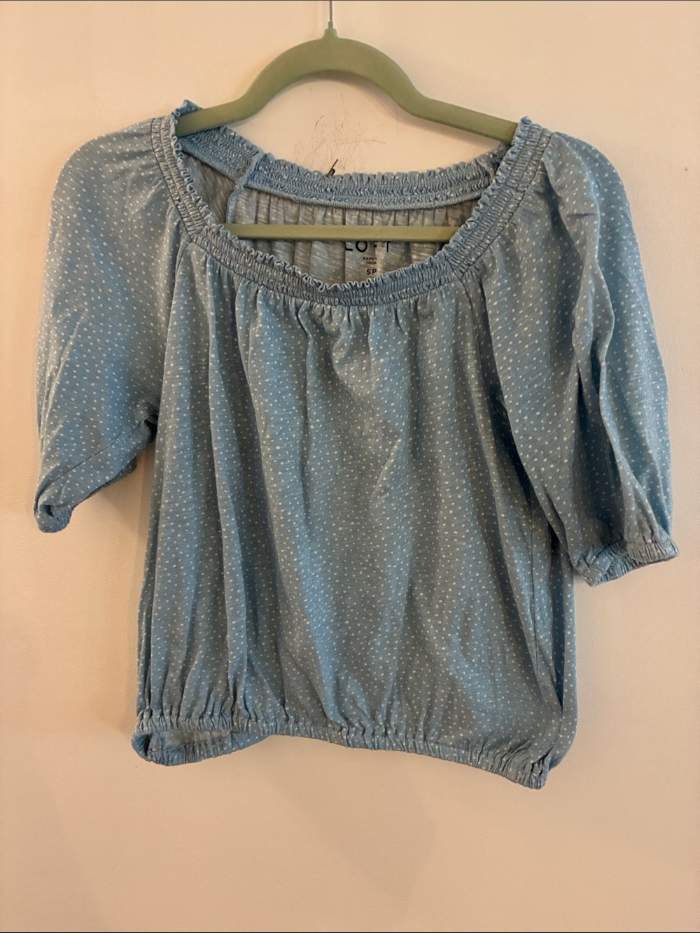 LOFT Light Blue Dot Peasant Ditzy Elbow Length Sleeve Blouse Romantic Sz S